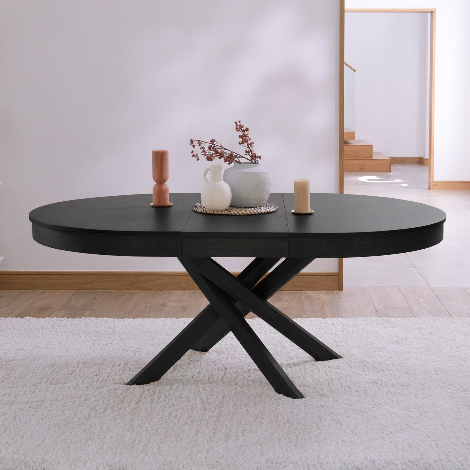 Amelia Black Oak Oval Extending Dining Table Set - 4 Seater - Freya Sand Dining Chairs - Black Oak Legs - Image 4