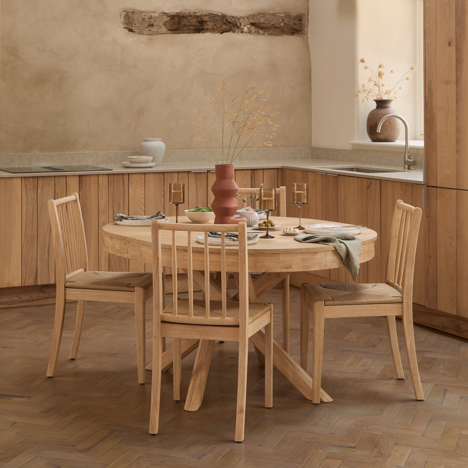 Amelia Extendable Whitewash Oval Dining Table Set - 4 Seater - Tilly String Dining Chairs - Whitewash Oak Legs - Image 1