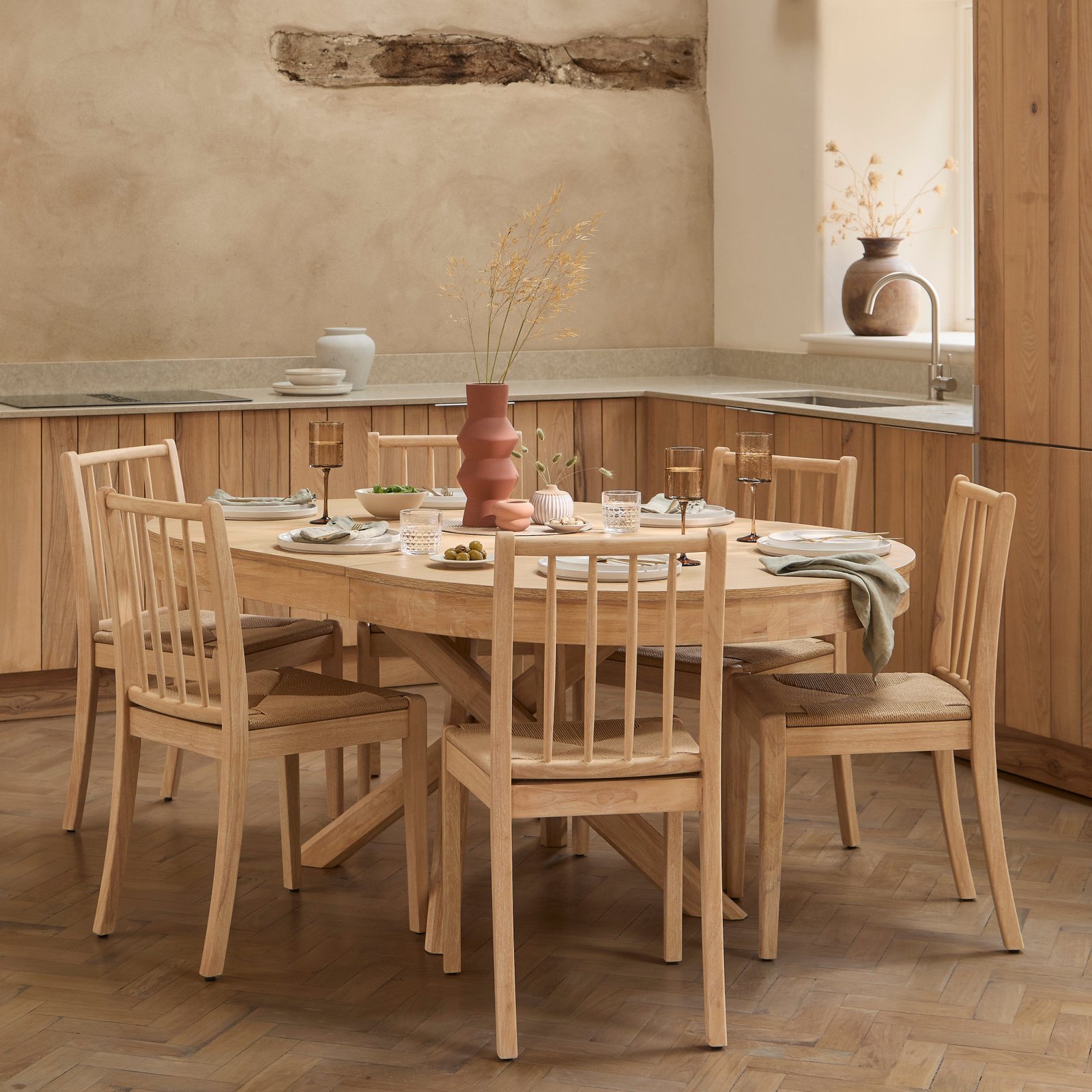 Amelia Extendable Whitewash Oval Dining Table Set  - 6 Seater - Tilly Natural String Dining Chairs - Whitewash Oak Legs - Image 1