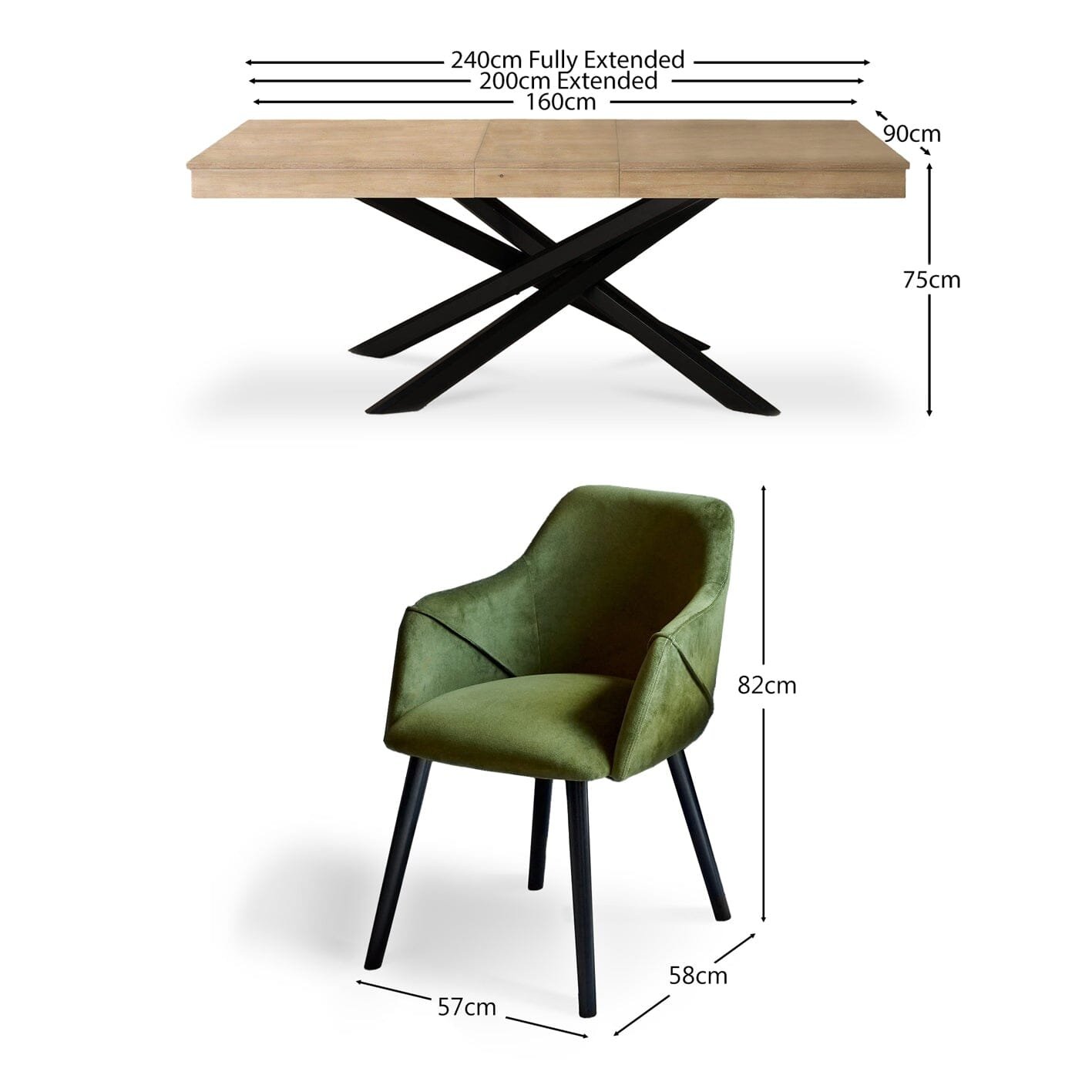 Amelia Whitewash Extendable Dining Table Set - 6 Seater - Freya Fern Green Carver Chairs - Black Legs - Image 11