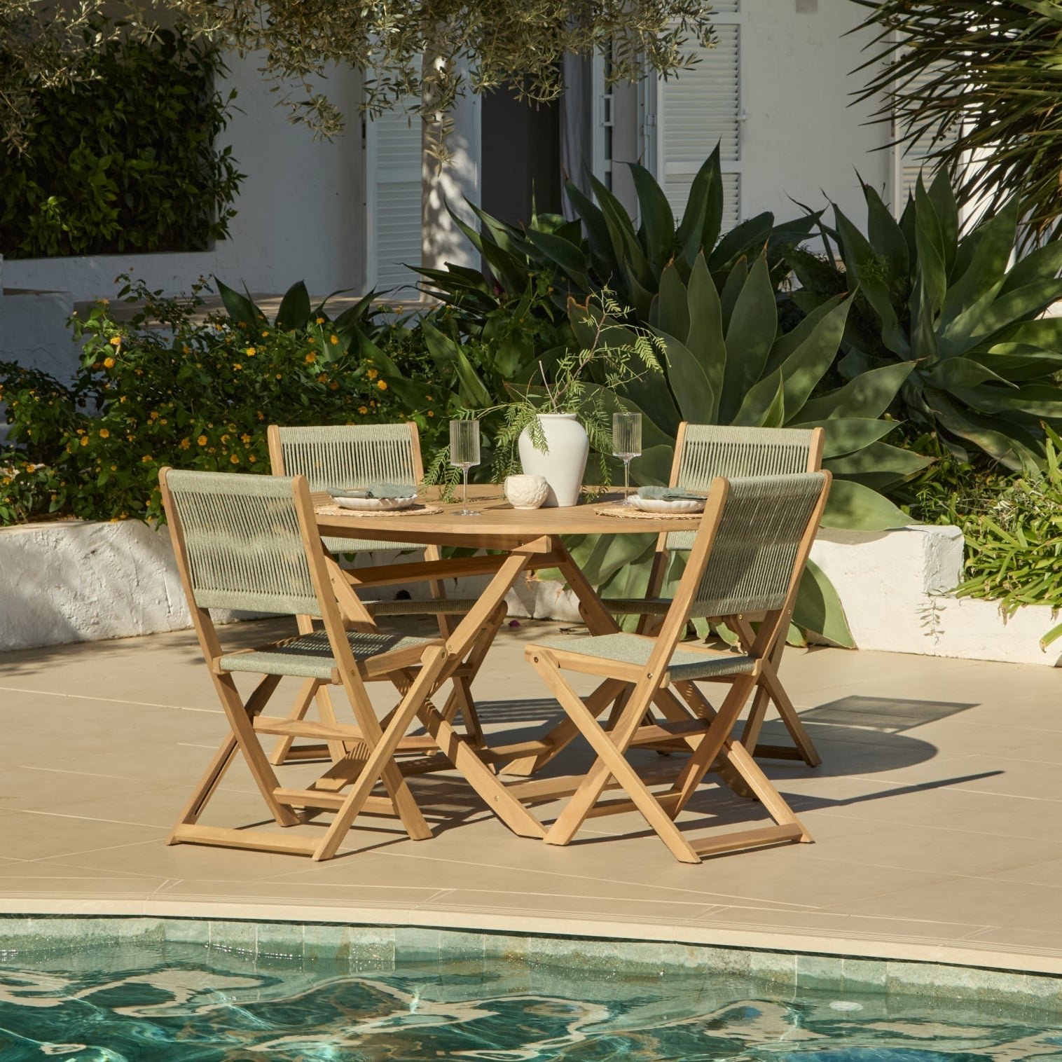Ashby 4 Seater White Acacia Garden Dining Set with Cove Green Rope Chairs - 130cm - Image 1
