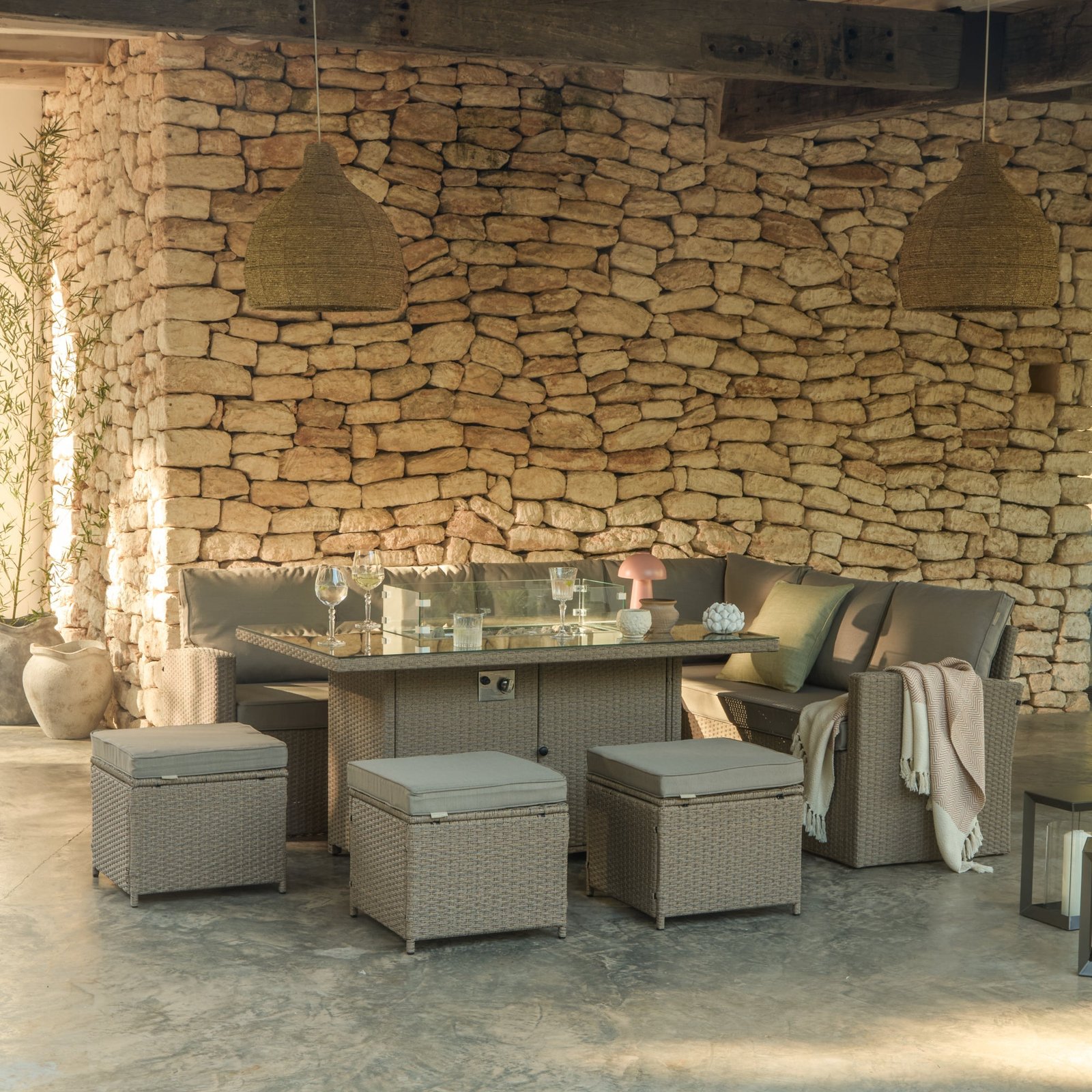 Aston 9 Seater Rattan Garden Corner Sofa Set with Fire Pit - Brown Weave - Image 2