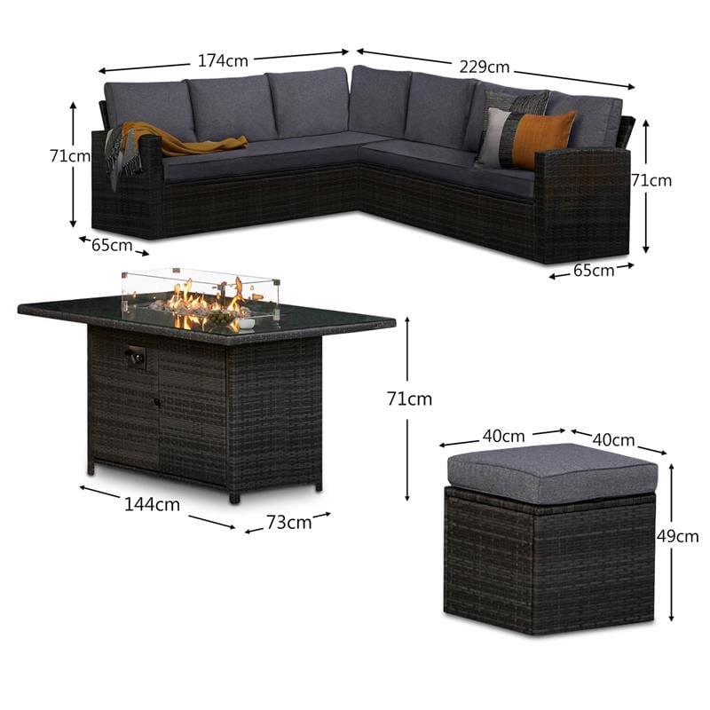 Aston 9 Seater Rattan Garden Corner Sofa Set with Cream Lean Over Parasol - Firepit - Grey - Image 22