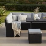 Aston 9 Seater Rattan Garden Corner Sofa Set with with Cream LED Premium Cantilever Parasol - Polywood Top - Black - Image 12