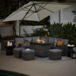 Aston 9 Seater Rattan Garden Corner Sofa Set with Cream Cantilever LED Premium Parasol - Firepit - Grey - Image 2