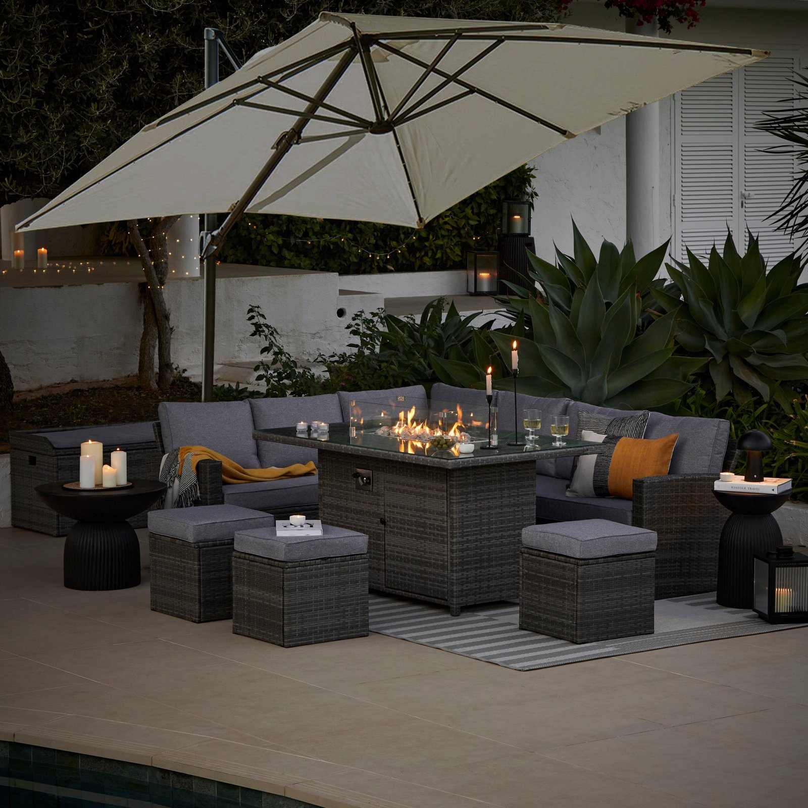 Aston 9 Seater Rattan Garden Corner Sofa Set with Cream Cantilever LED Premium Parasol - Firepit - Grey - Image 2
