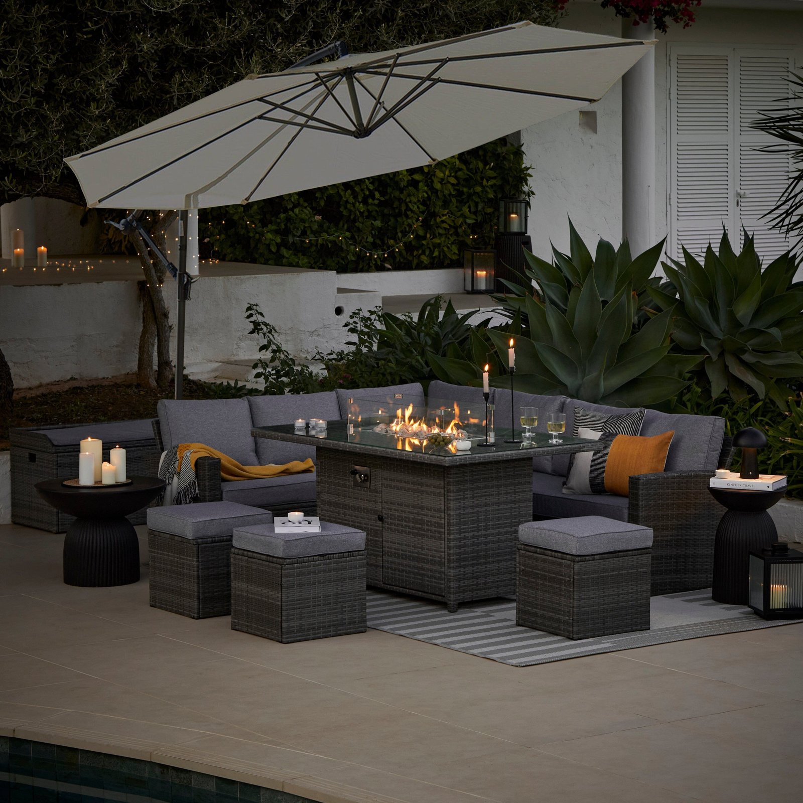 Aston 9 Seater Rattan Garden Corner Sofa Set with Cream Lean Over Parasol - Firepit - Grey - Image 2
