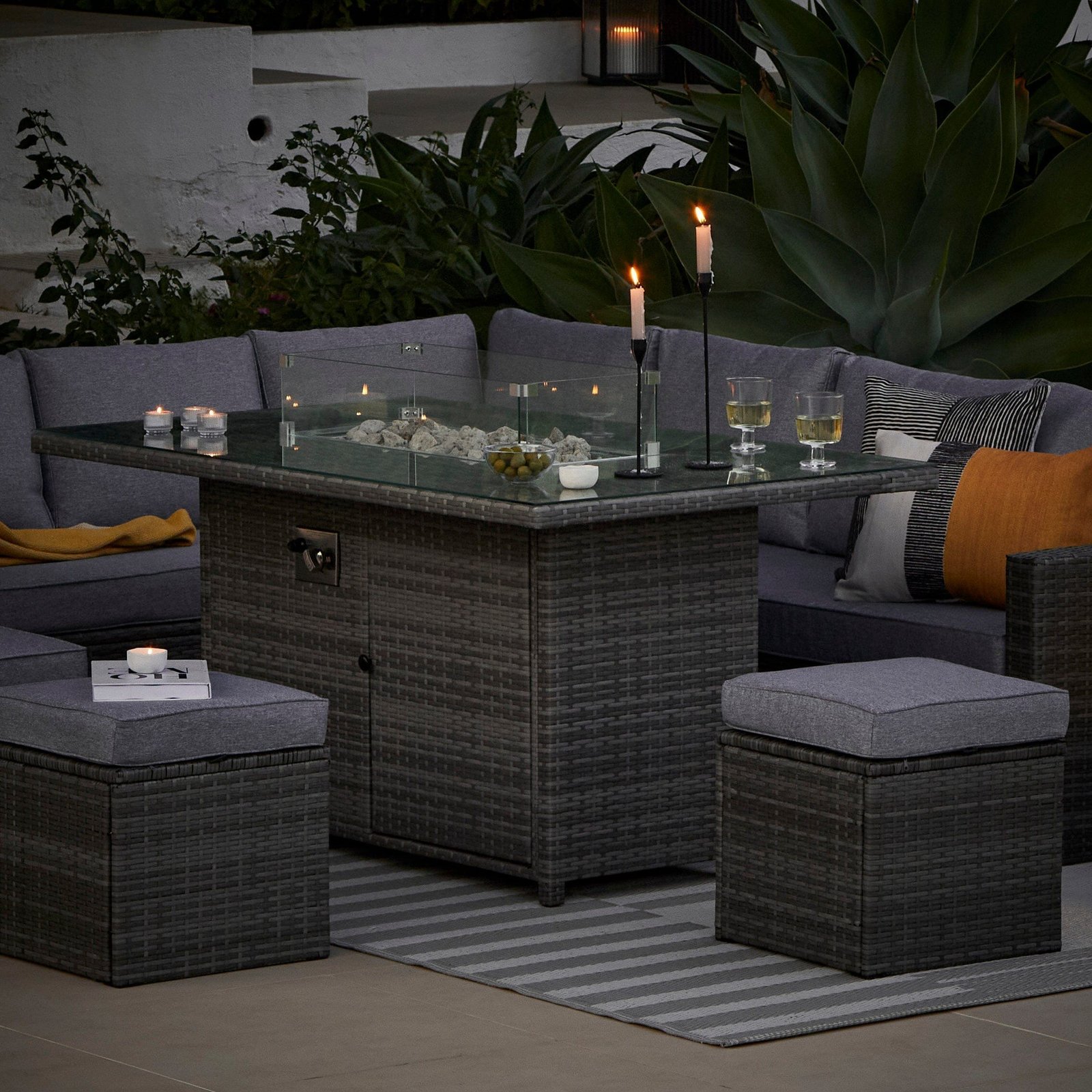 Aston 9 Seater Rattan Garden Corner Sofa Set with Grey Cantilever LED Premium Parasol - Firepit - Grey - Image 17