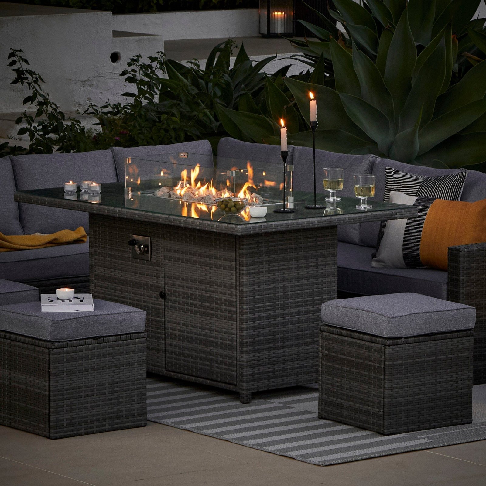 Aston 9 Seater Rattan Garden Corner Sofa Set with Cream Cantilever LED Premium Parasol - Firepit - Grey - Image 16