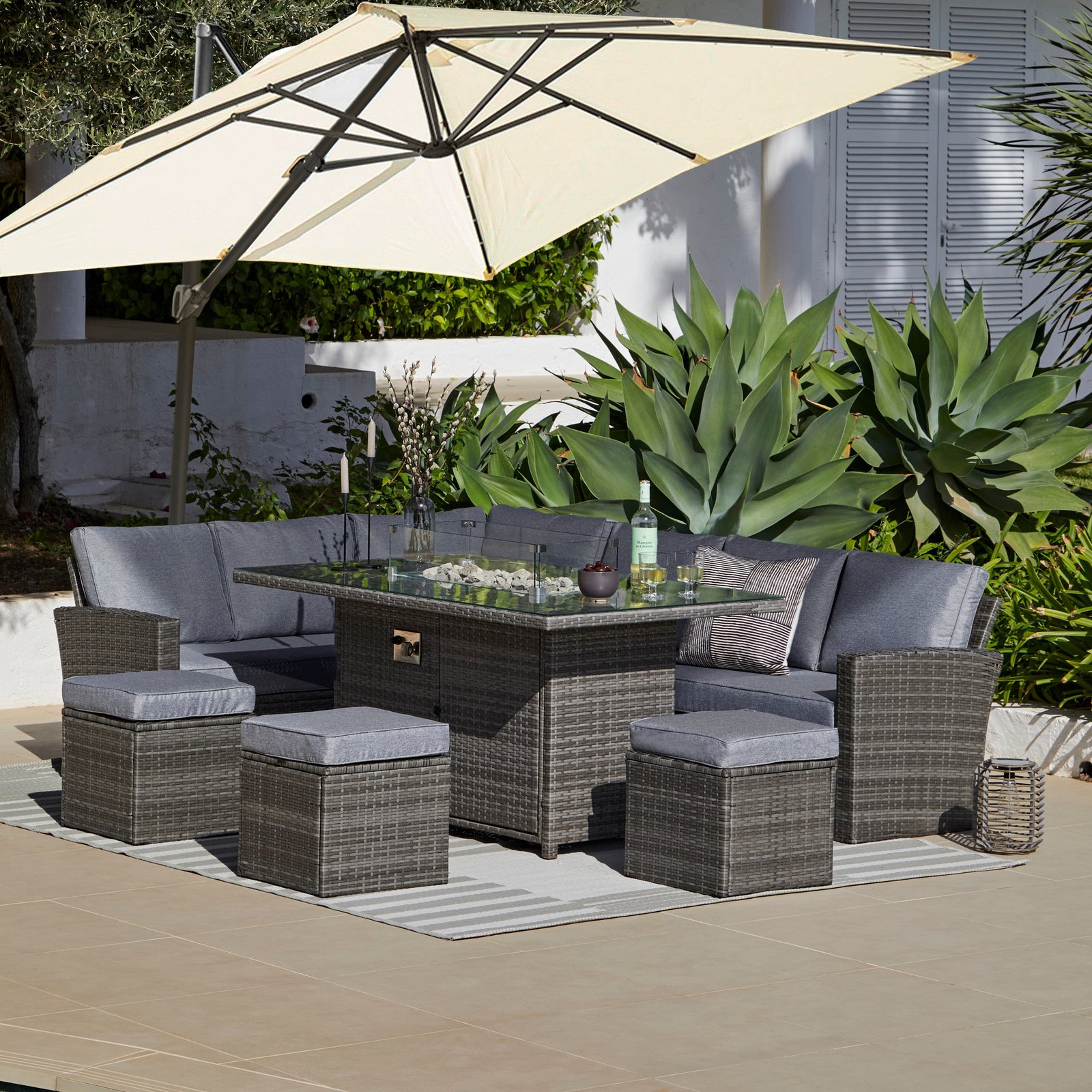 Aston 9 Seater Rattan Garden Corner Sofa Set with Cream Cantilever LED Premium Parasol - Firepit - Grey - Image 1