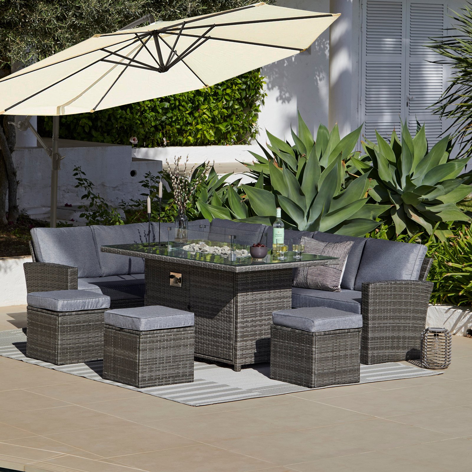 Aston 9 Seater Rattan Garden Corner Sofa Set with Cream Lean Over Parasol - Firepit - Grey - Image 1