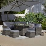 Aston 9 Seater Rattan Garden Corner Sofa Set with Grey Cantilever LED Premium Parasol - Firepit - Grey