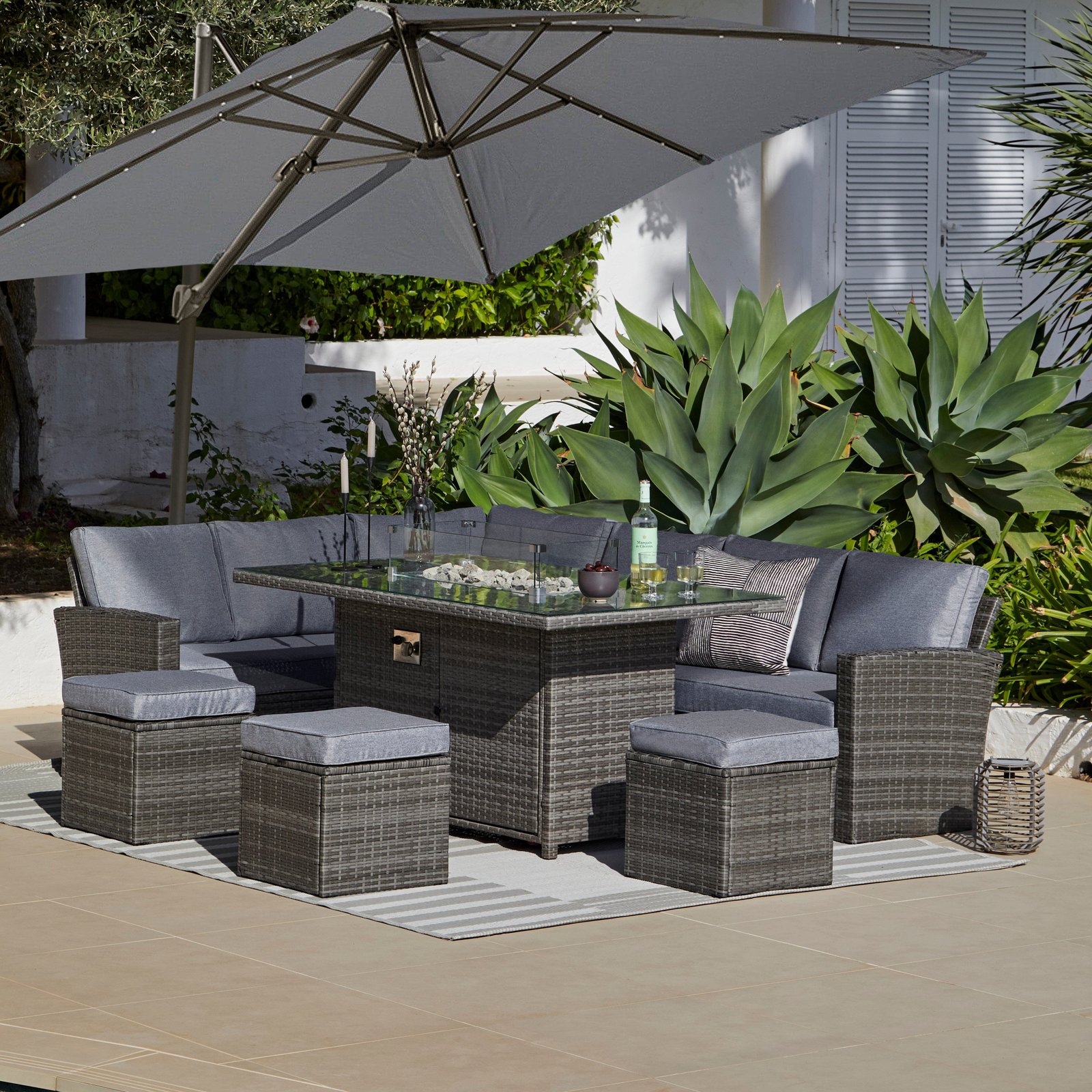 Aston 9 Seater Rattan Garden Corner Sofa Set with Grey Cantilever LED Premium Parasol - Firepit - Grey - Image 1