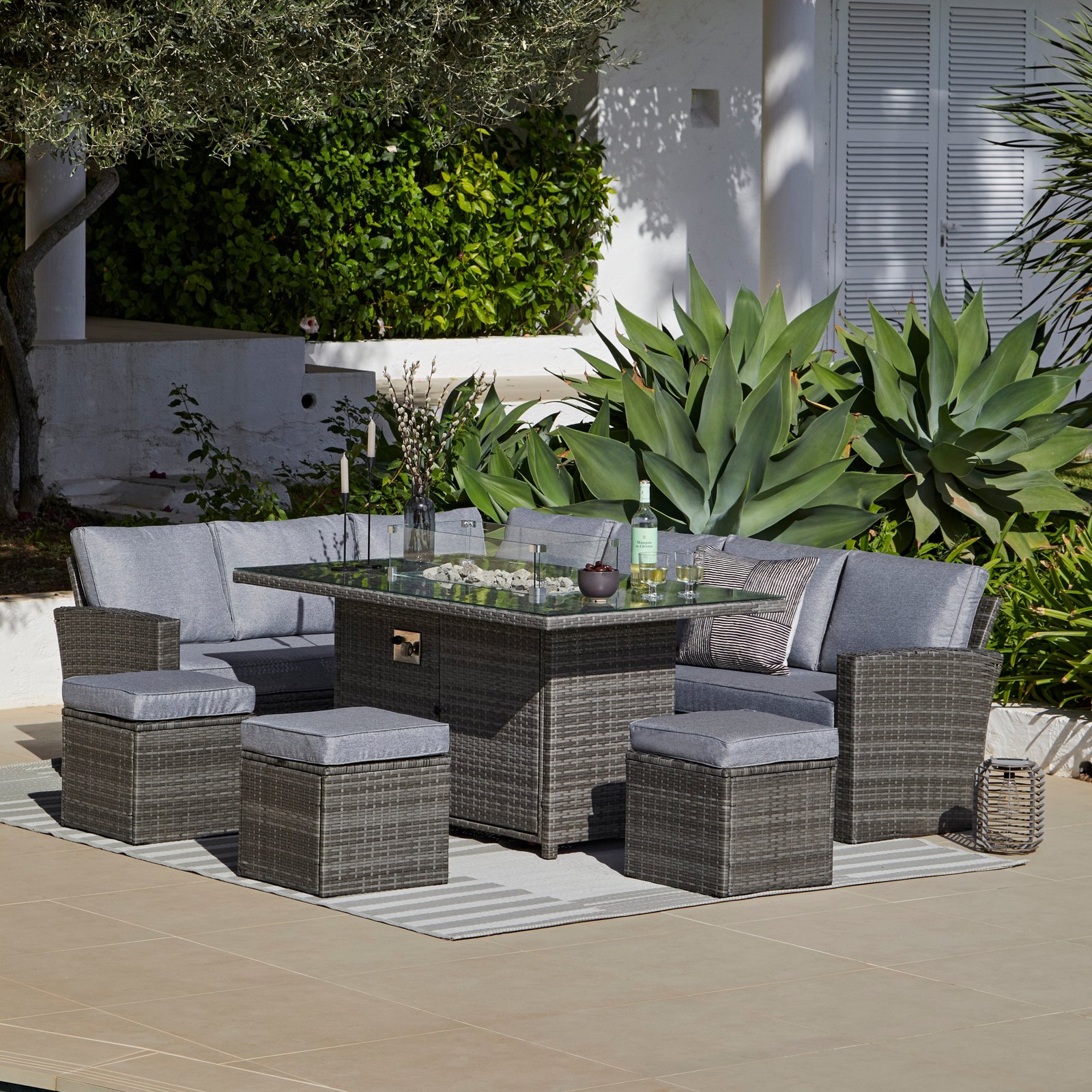 Aston 9 Seater Rattan Garden Corner Sofa Set with Cream Cantilever LED Premium Parasol - Firepit - Grey - Image 6