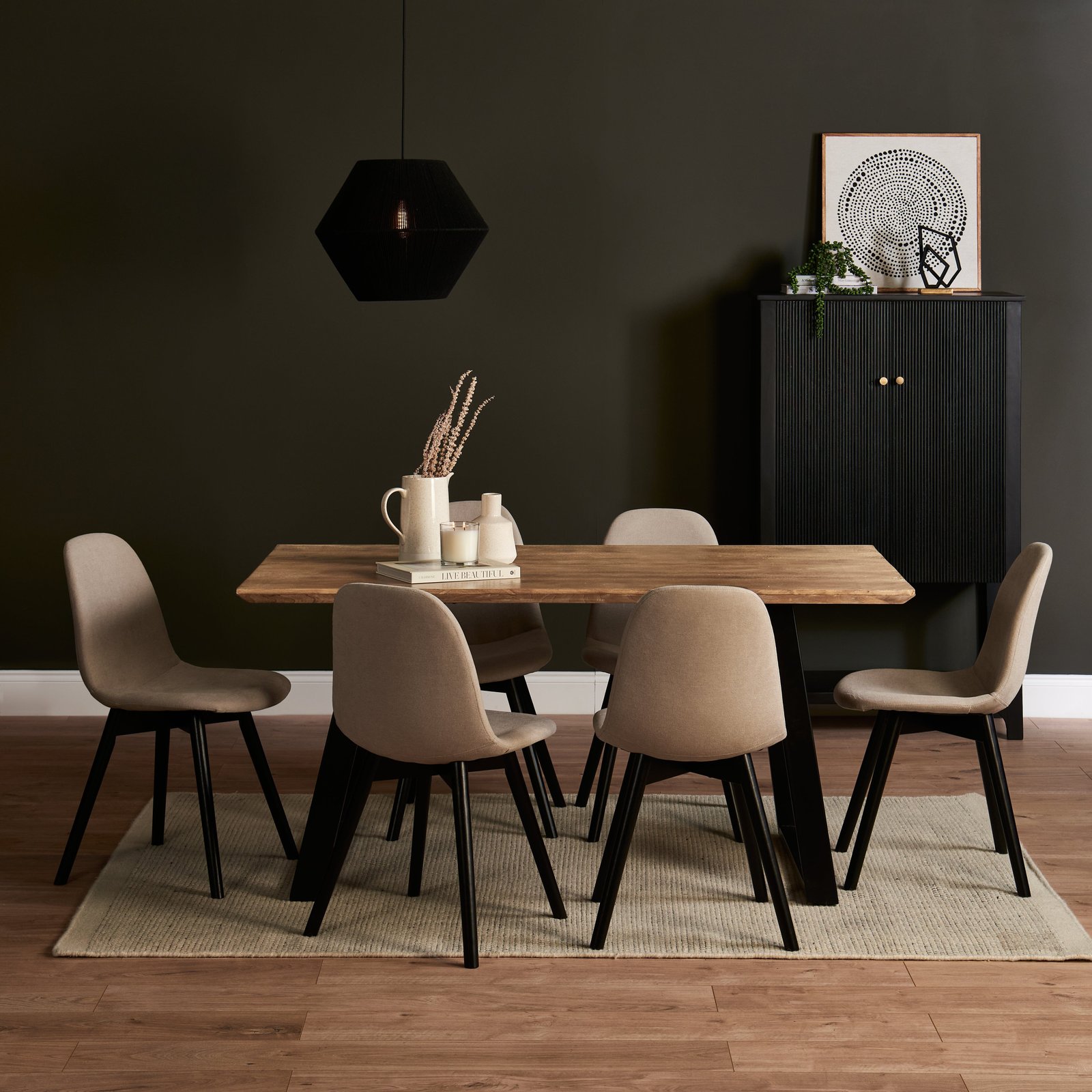 Atlas Chalked Mango Wood Dining Table Set -  6 Seater - Ellis Soft Beige Dining Chairs - Black Oak Legs - Image 6
