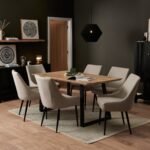 Atlas Chalked Mango Wood Dining Table Set -  6 Seater - Maeve Soft Beige Dining Chairs - Black Oak Legs