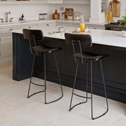 Jayden Black Leather Tall  Bar Stools - Set of 2 - Black Metal Legs