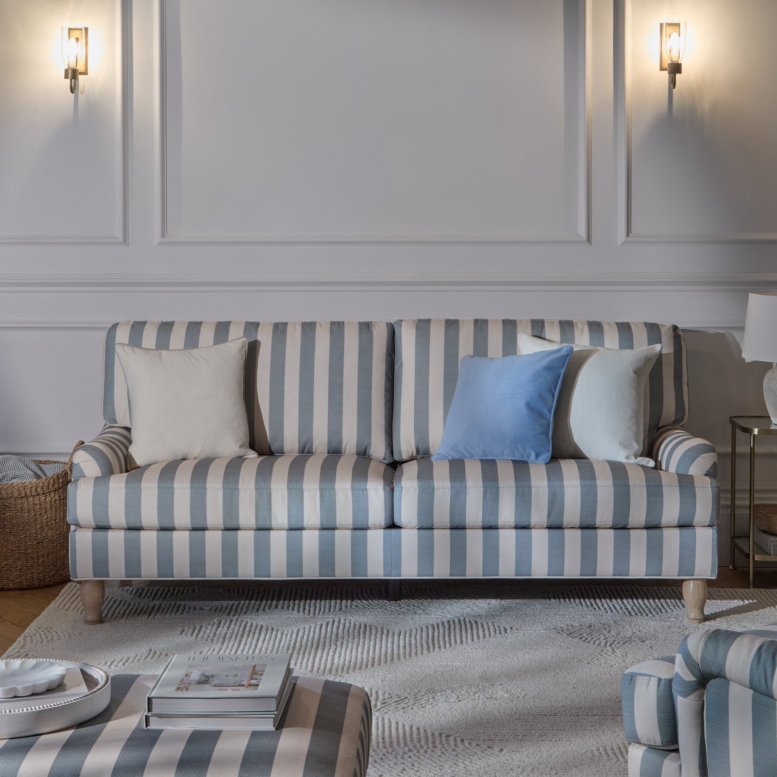 Brea 2 Seater Sofa - Blue Stripe with Whitewash Legs - Image 1