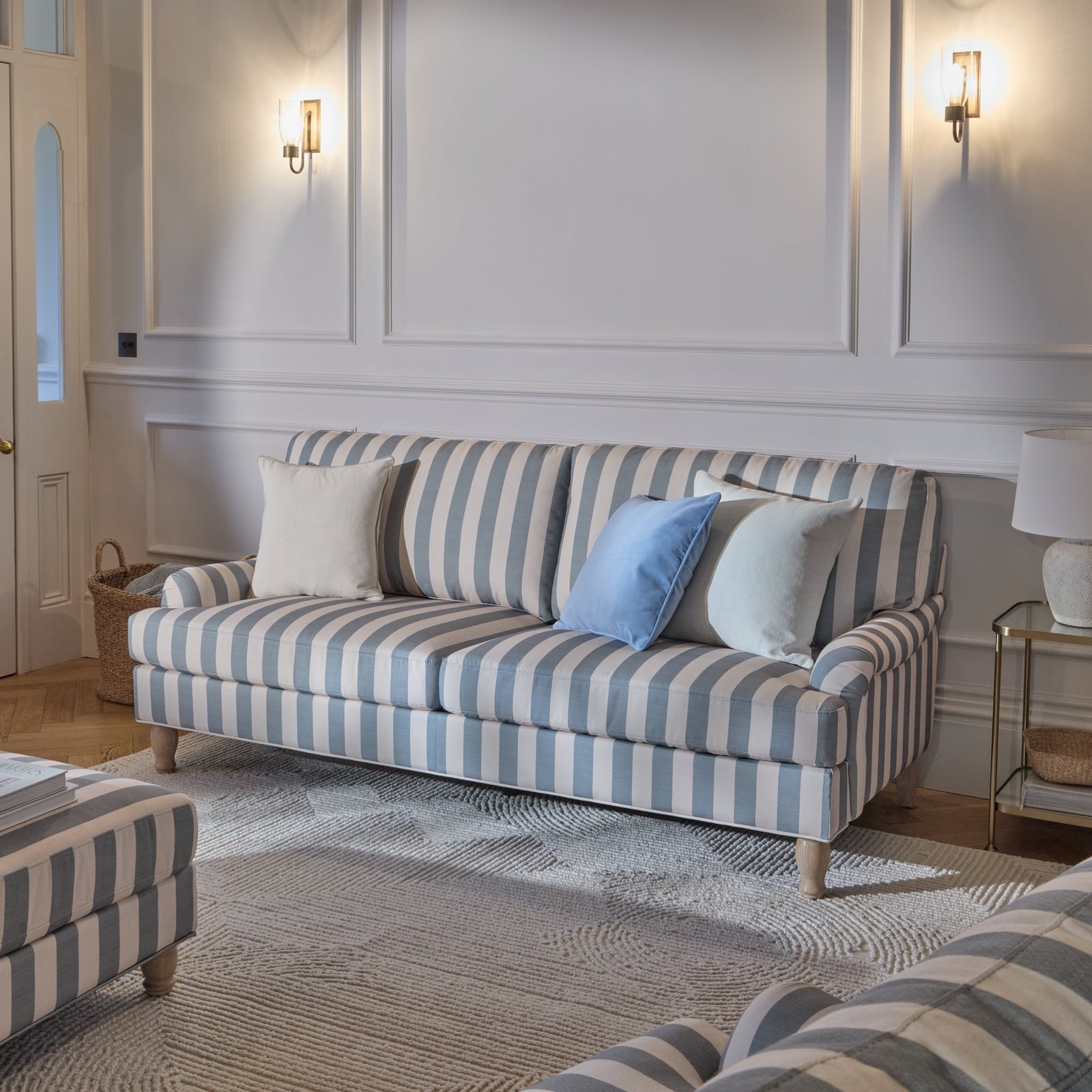 Brea 2 Seater Sofa - Blue Stripe with Whitewash Legs - Image 5