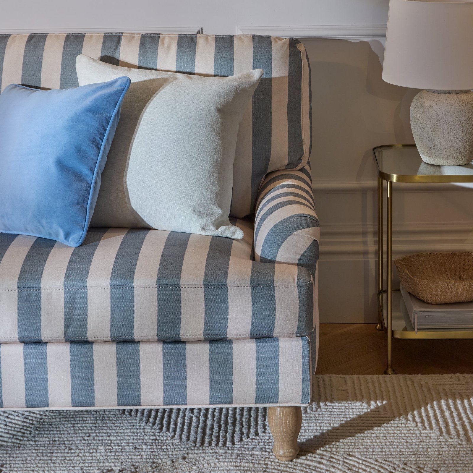Brea 2 Seater Sofa - Blue Stripe with Whitewash Legs - Image 4