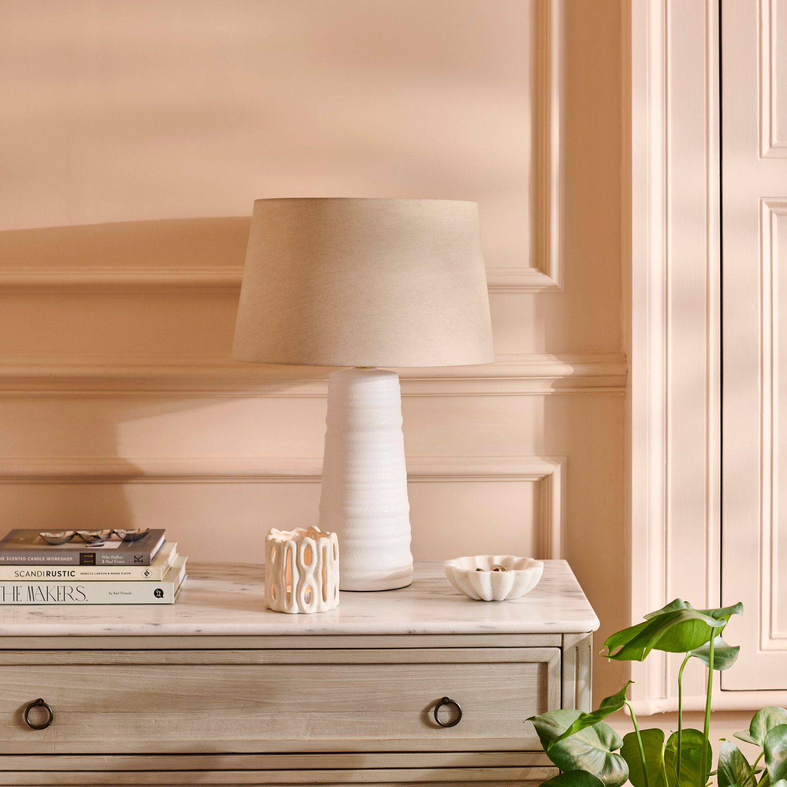 Burleigh 43cm Ceramic Table Lamp Base - White & Coningsby 35cm Cotton Lamp Shade - Taupe - Image 3