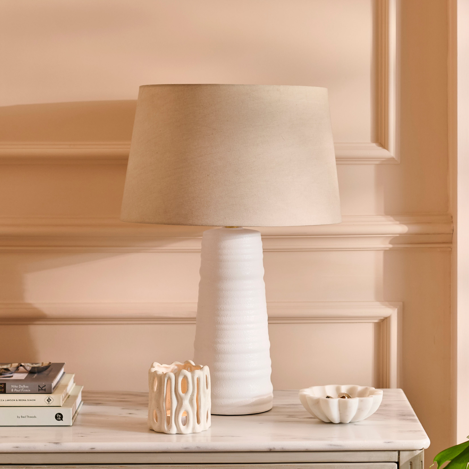 Burleigh 43cm Ceramic Table Lamp Base - White & Coningsby 35cm Cotton Lamp Shade - Taupe - Image 1
