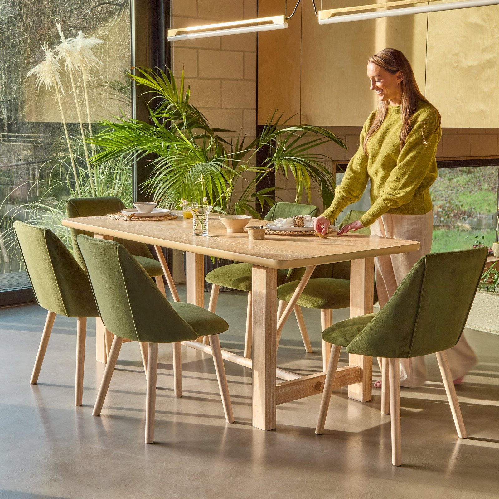 Carter Whitewash Rectangular Dining Table with 6 Freya Fern Green Dining Chairs with Whitewash Legs - Image 9