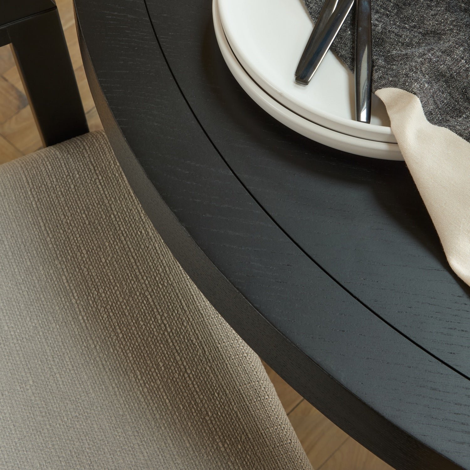 Charlotte Black Oak Round Dining Table Set - 4 Seater - Ella Black Oak Carver Chairs - Fawn Linen - Image 5