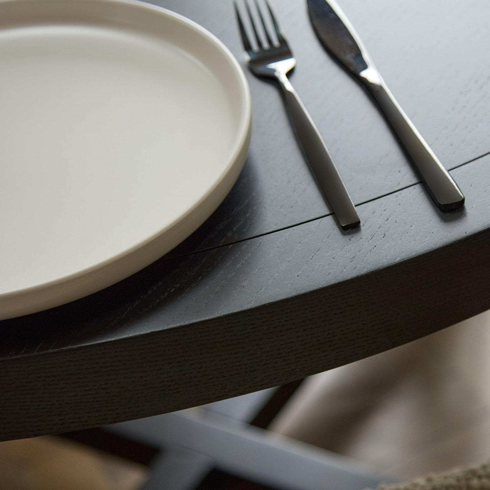 Charlotte Black Oak Round Dining Table Set - 4 Seater - Ella Black Oak Carver Chairs - Fawn Linen - Image 6
