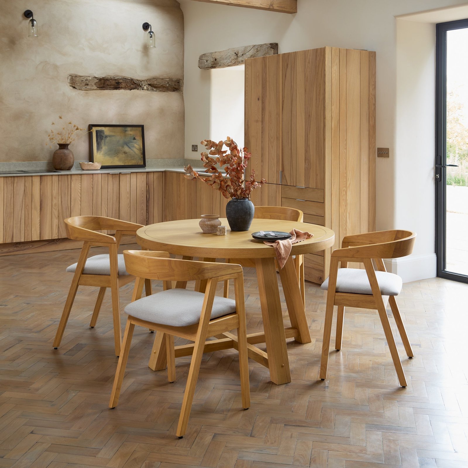 Charlotte Pale Oak Round Dining Table Set - 4 Seater - Ella Pale Oak Carver Chair - Fawn Linen - Image 1