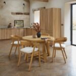 Charlotte Pale Oak Round Dining Table Set - 4 Seater - Ella Pale Oak Carver Chair - Off White Boucle