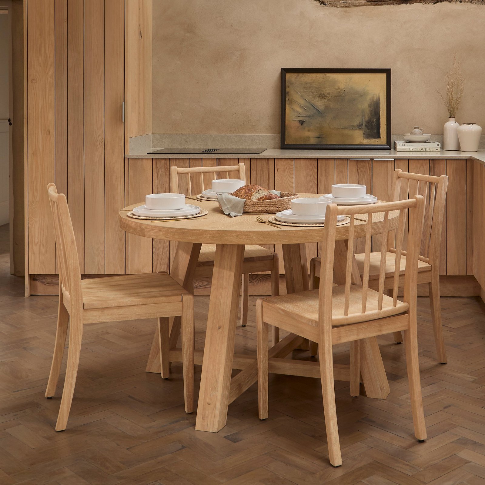 Charlotte Whitewash Round Dining Table Set - 4 Seater - Tilly Dining Chairs - Whitewash Oak Legs - Image 1