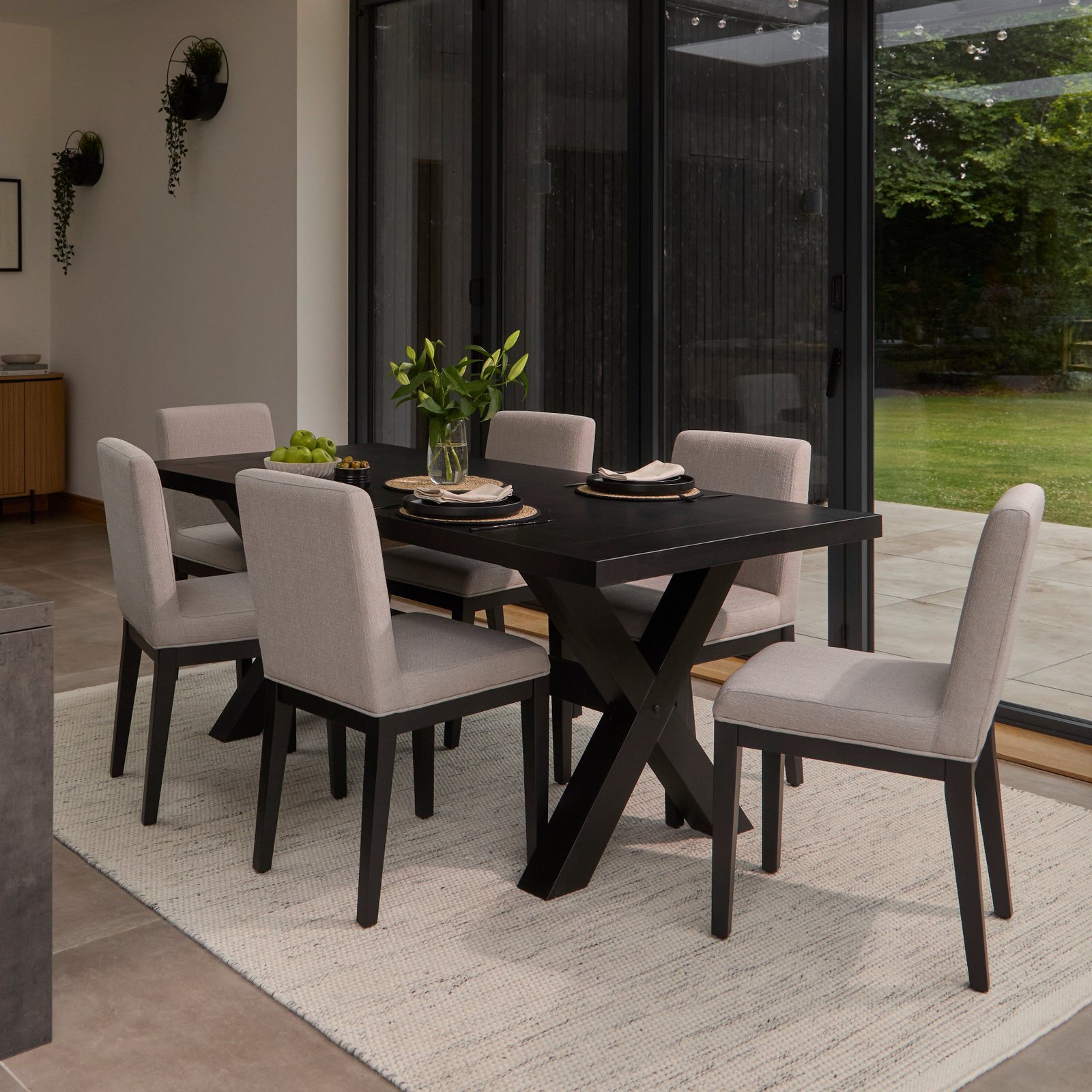 Charlotte Black Oak Extending Dining Table Set - 6 Seater - Nolan Fawn Linen Dining Chairs -  Black Oak Legs - Image 1