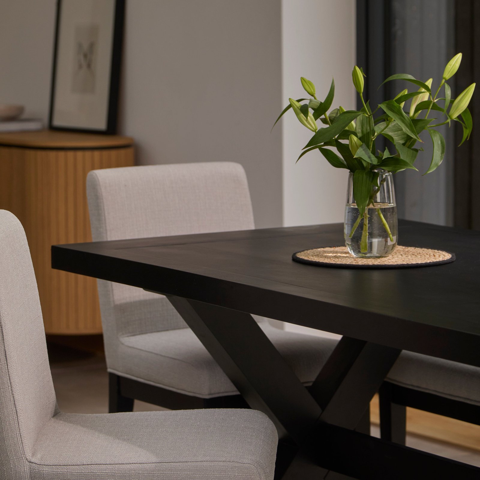 Charlotte Black Oak Extending Dining Table Set - 6 Seater - Nolan Fawn Linen Dining Chairs -  Black Oak Legs - Image 2
