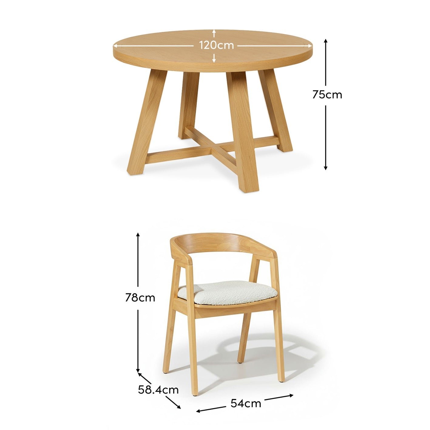 Charlotte Pale Oak Round Dining Table Set - 4 Seater - Ella Pale Oak Carver Chair - Off White Boucle - Image 13