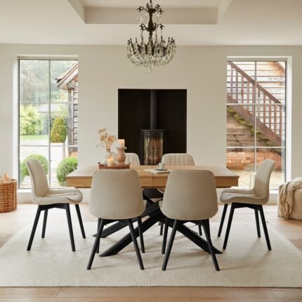 Amelia Whitewash Extendable Dining Table Set - 6 Seater - Bella Light Beige Boucle Dining Chairs - Black Legs