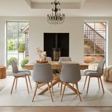 Amelia Whitewash Extending Dining Table Set - 6 Seater - Bella Cloud Grey Dining Chairs - Whitewash Legs