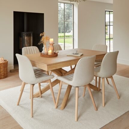 Amelia Whitewash Dining Table Set - 6 Seater - Bella Light Beige Boucle Dining Chairs - Whitewash Legs