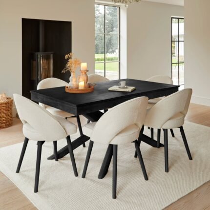 Amelia Black Extendable Dining Table Set - 6 Seater - Marilyn Boucle Dining Chairs - Black Legs