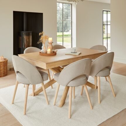 Amelia Whitewash Dining Table Set - 6 Seater - Marilyn Soft Beige Dining Chairs - Whitewash Legs