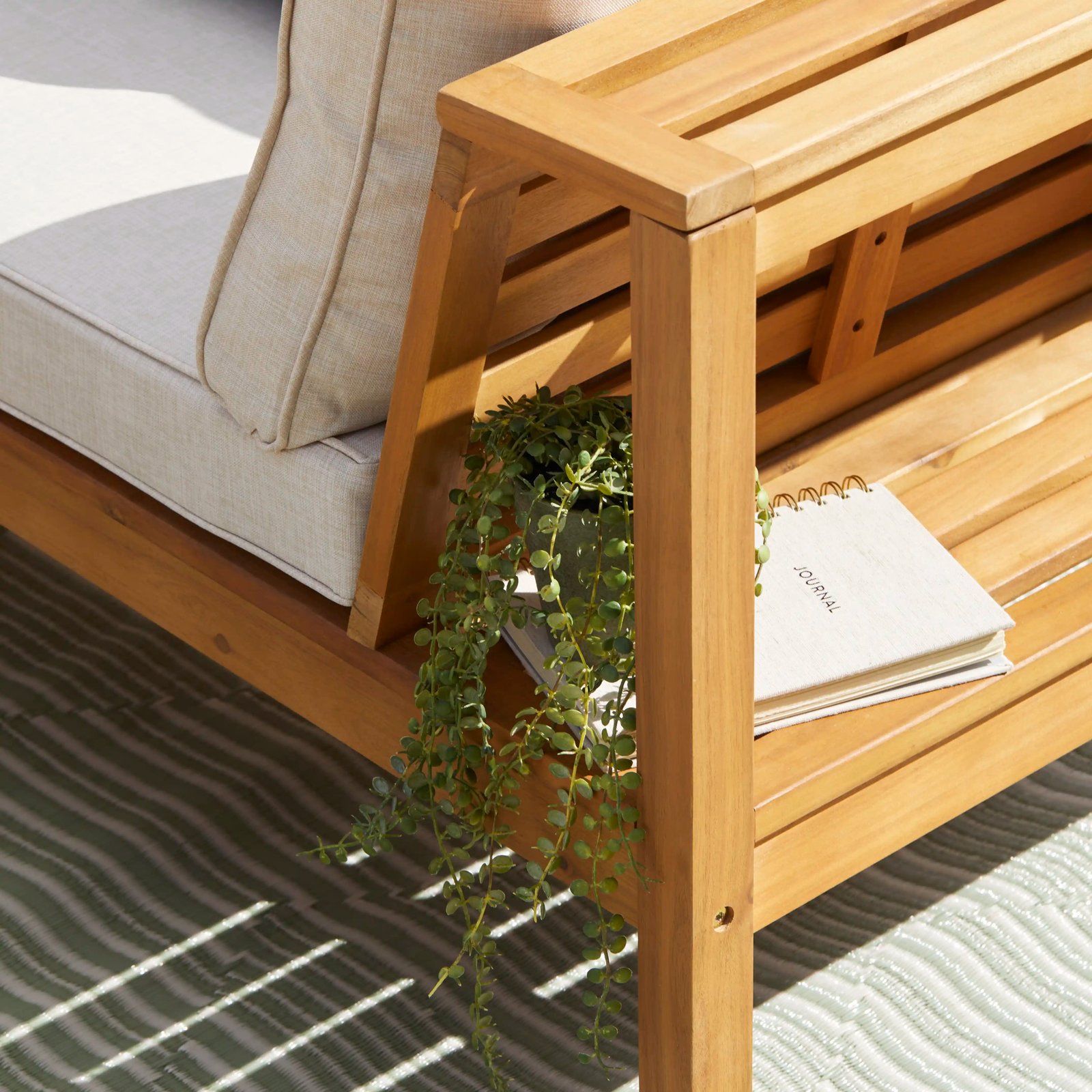 Dakota Wooden Garden Corner Sofa Set with Grey LED Premium Parasol - Sand Cushions - Image 4