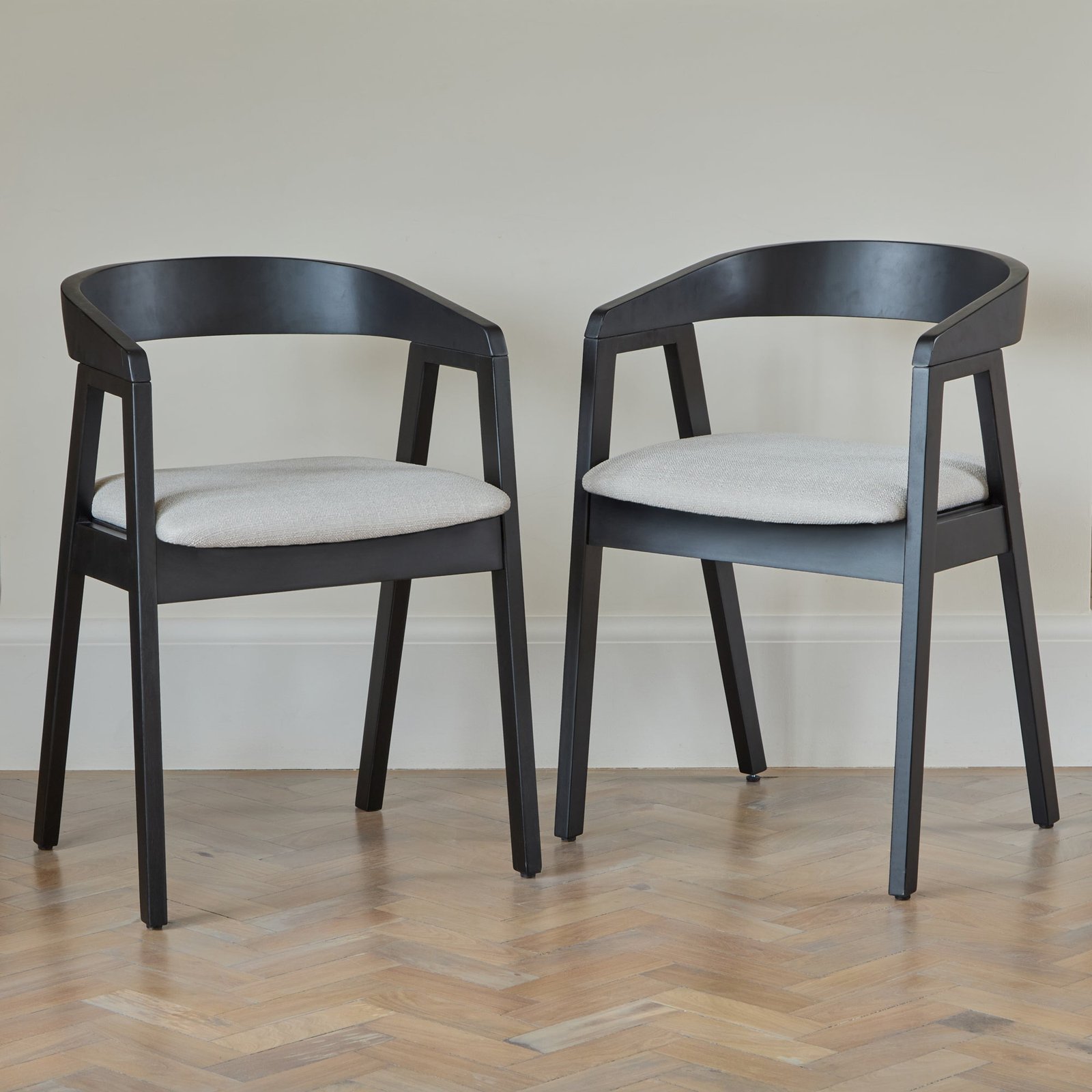 Charlotte Black Oak Round Dining Table Set - 4 Seater - Ella Black Oak Carver Chairs - Fawn Linen - Image 3