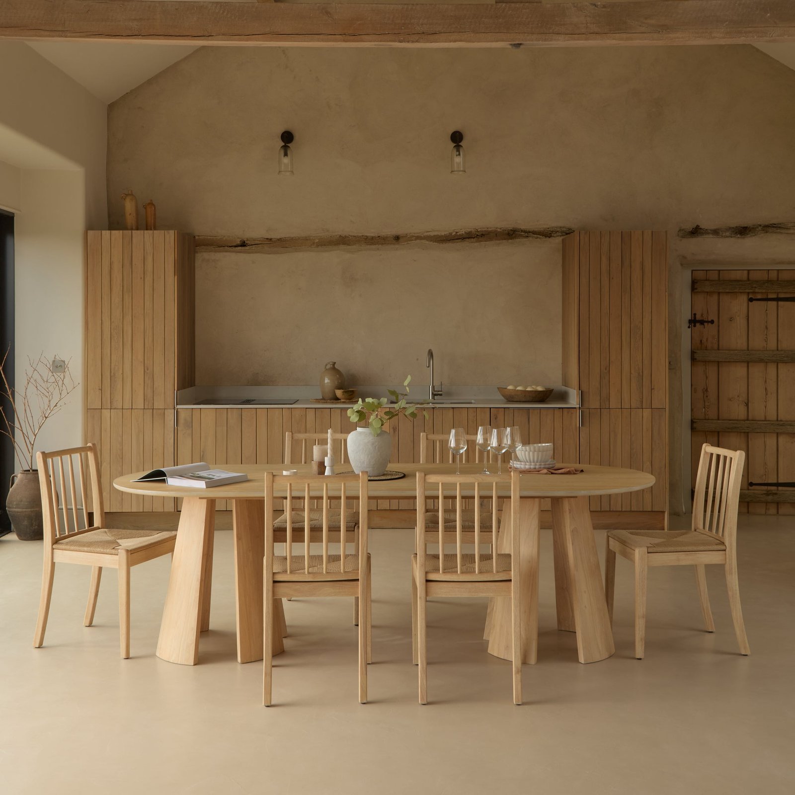 Farren_240cm_Oval_Dining_Table_with_Tilly_Dining_Chairs_String_Seat-3 Farren Whitewash Oval Dining Table Set - 6 Seater - Tilly Natural String Dining Chairs - Whitewash Oak Legs - Image 1