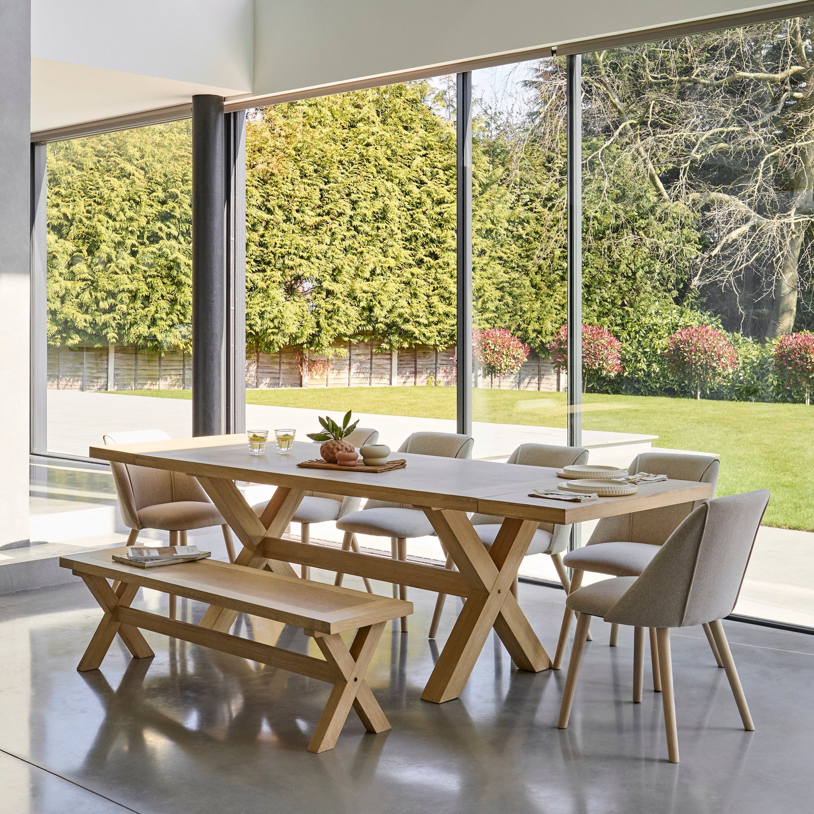 Freya_Dining_Chairs_Charlotte_Table_Set1-1 Charlotte Whitewash Extending Dining Table Set - 8 Seater - Freya Sand Dining Chairs & Charlotte Bench - Image 1