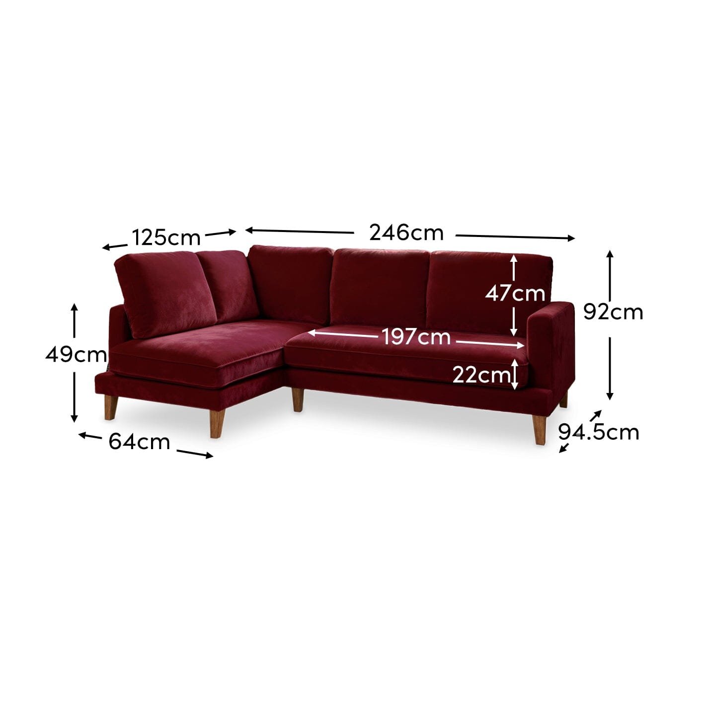 Gillian 3 Seater Large Corner Sofa - Burgundy Red Velvet with Dark Oak Legs - Image 6