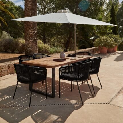 Hali 6 Seater Wooden Outdoor Dining Set with Hali Black Chairs & Cream Lean Over Parasol  - 235cm