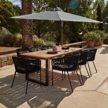 Hali 8 Seater Wooden Outdoor Dining Set with Hali Black Chairs & Grey Lean Over Parasol  - 235cm