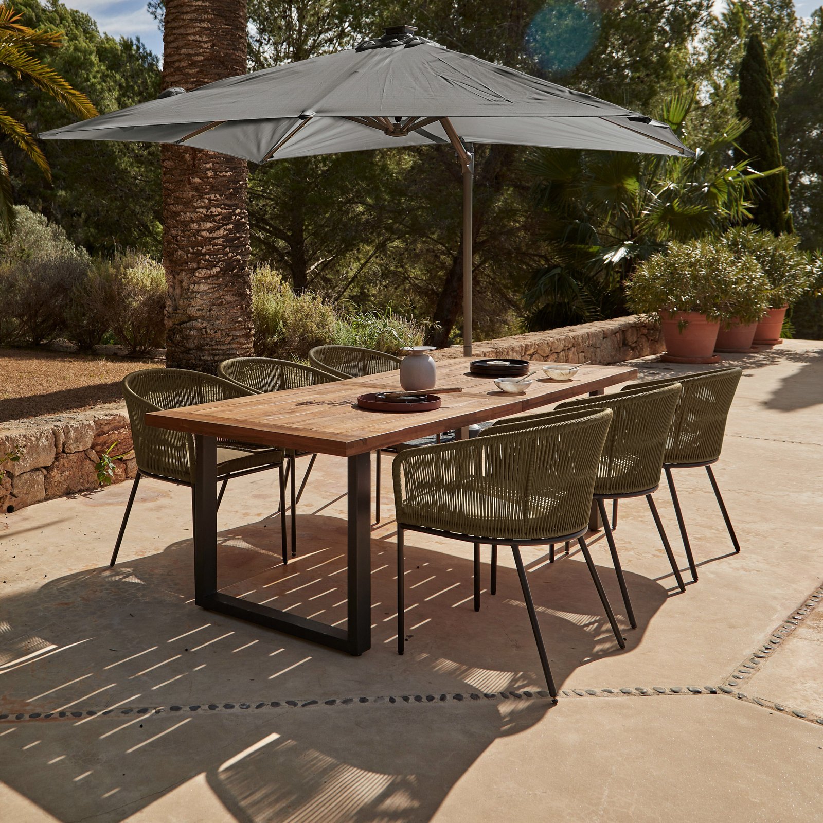 HALI_PINK_SET_1green2356seatergreyledparasol_c5fbce8c-7c47-4172-b533-05c98c1f486a Hali 6 Seater Wooden Outdoor Dining Set with Hali Green Chairs & Grey LED Premium Cantilever Parasol - 235cm