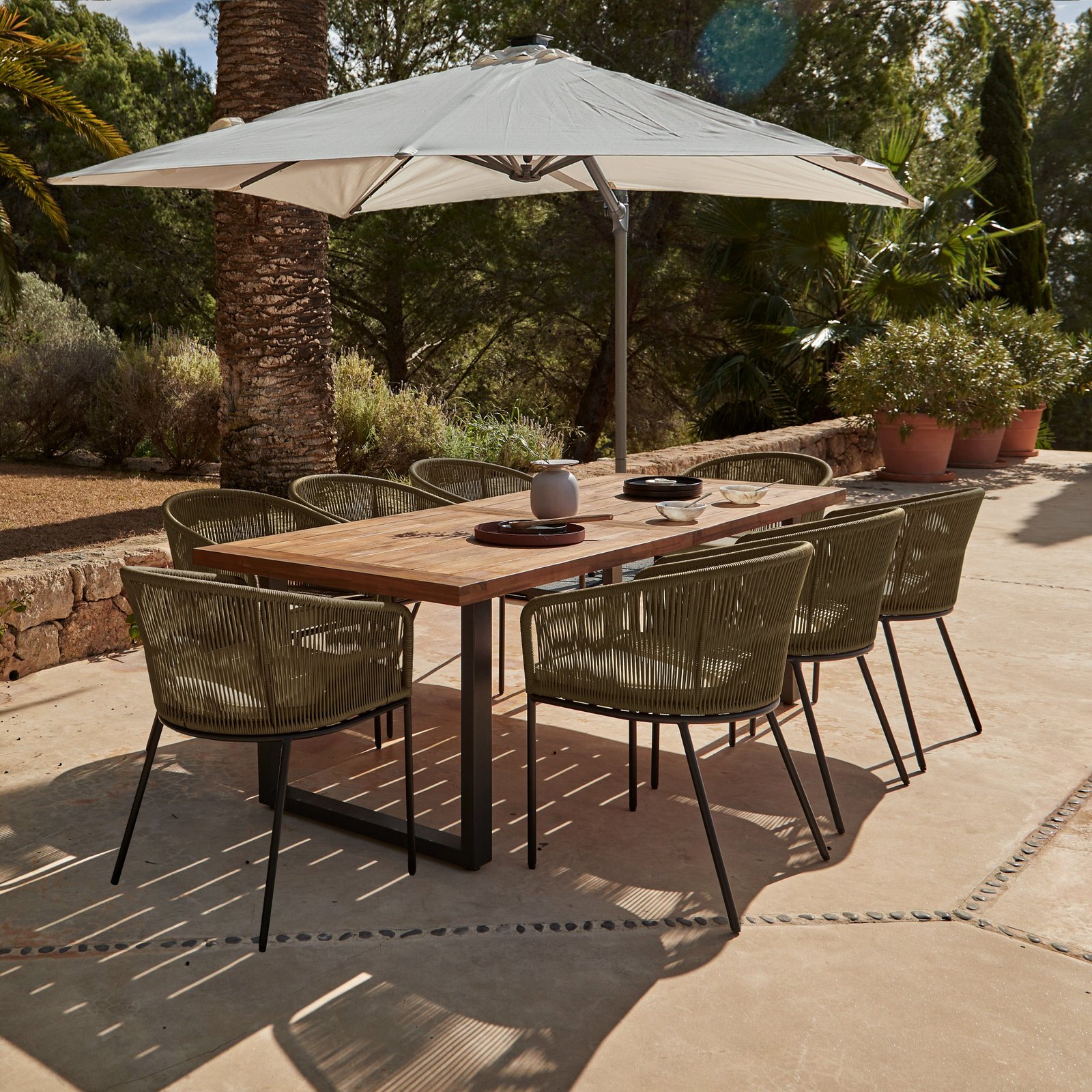 HALI_PINK_SET_1greencreamledparasol_7b4e216d-e889-4873-a250-a982cb86da52 Hali 8 Seater Wooden Outdoor Dining Set with Hali Green Chairs & Cream LED Premium Cantilever Parasol - 235cm