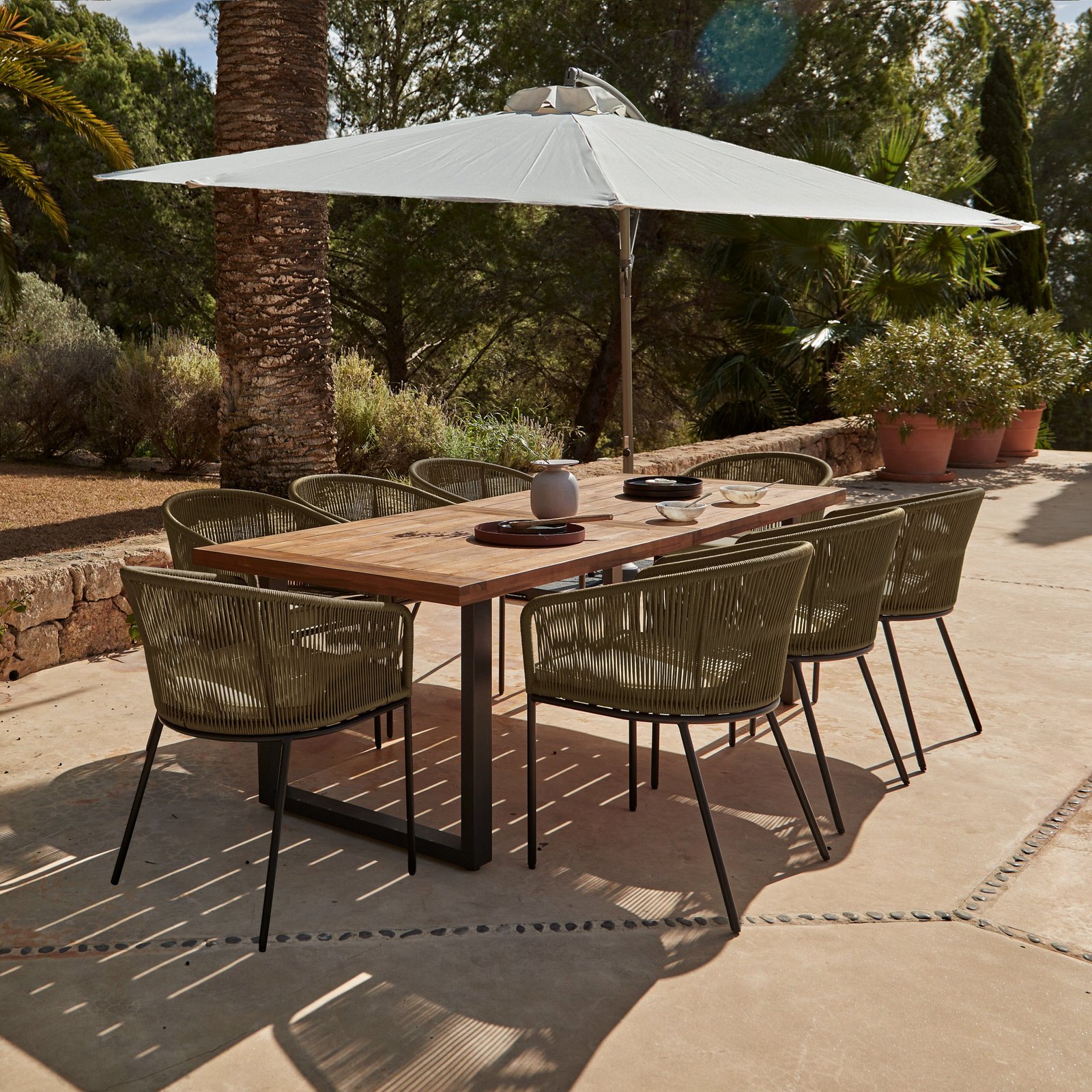 HALI_PINK_SET_1greencreamstandardparasol_a3c151f1-d8ae-48e3-bb7a-e93b2f2b329b Hali 8 Seater Wooden Outdoor Dining Set with Hali Green Chairs & Cream Lean Over Parasol - 235cm